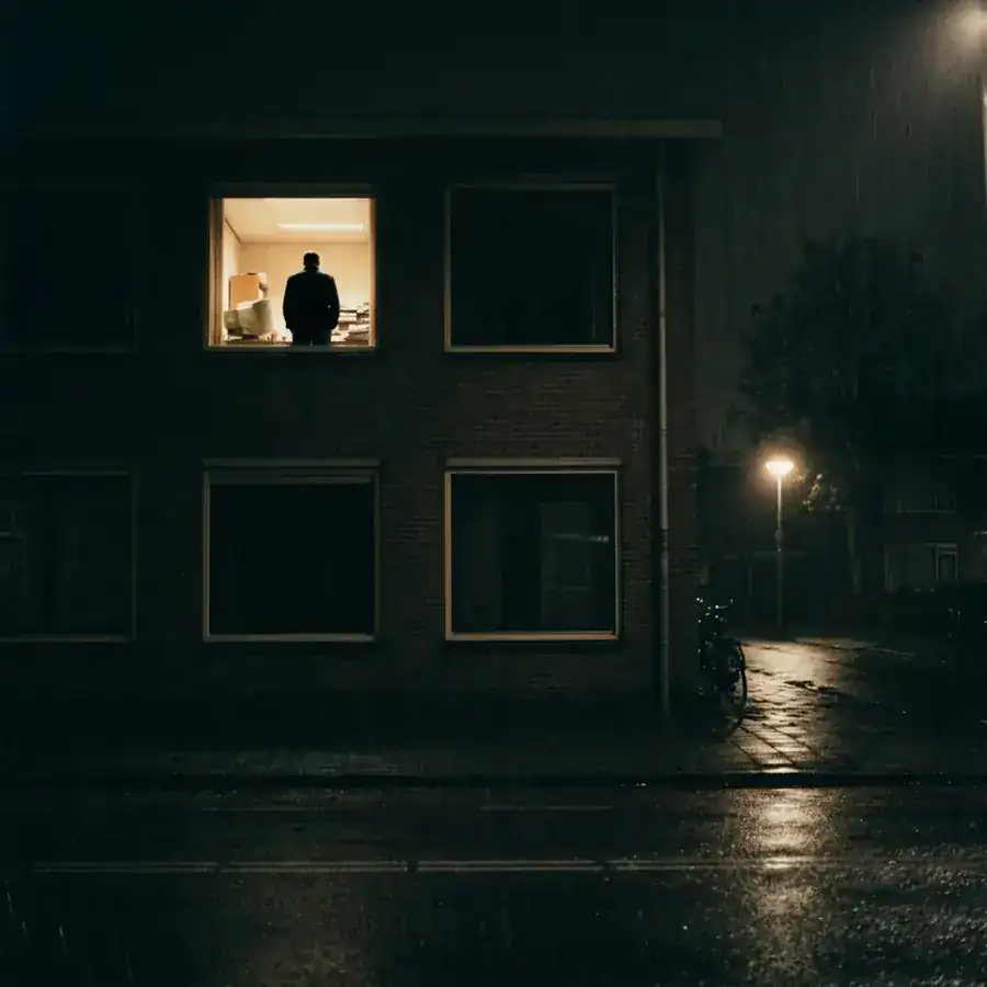 Een verlicht raam op de bovenverdieping in de nacht, een man staat in het licht, de straat is leeg