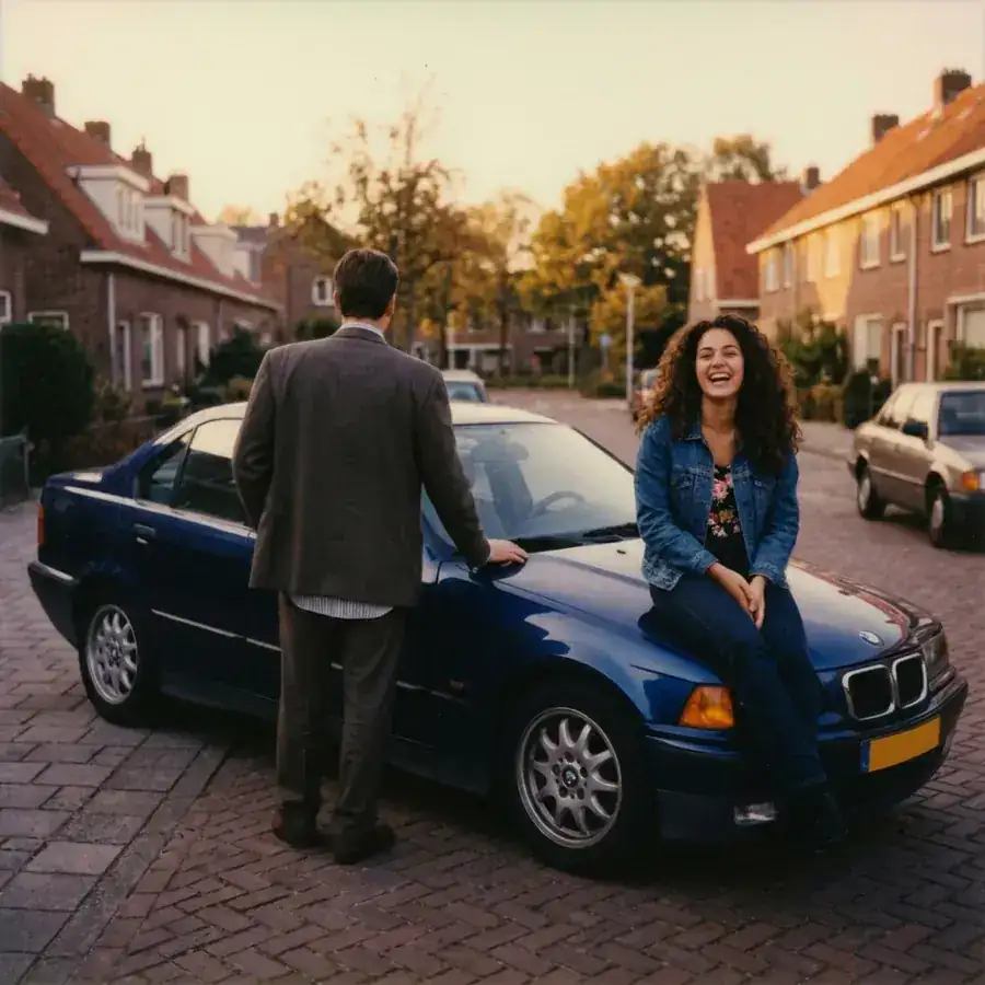 Een man bij zijn nieuwe auto in een woonstraat, een meisje lachend op de motorkap