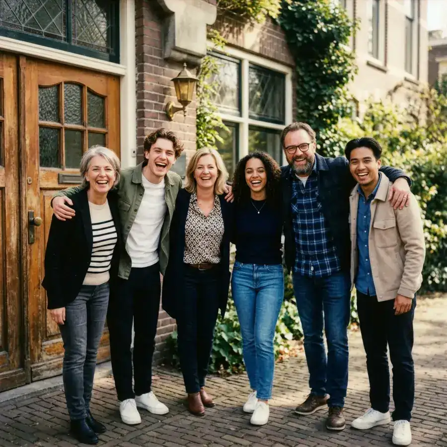Een lachend team, armen om elkaar heen, voor de deur van het bedrijfspand