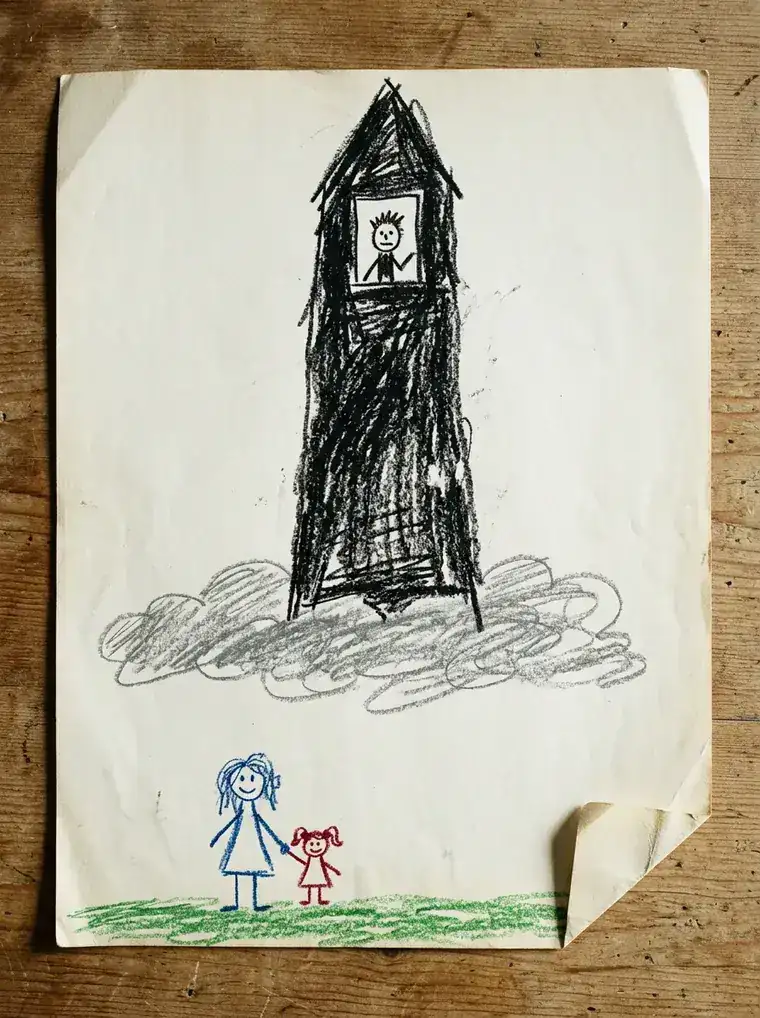 Kindertekening van een zwarte toren boven de wolken