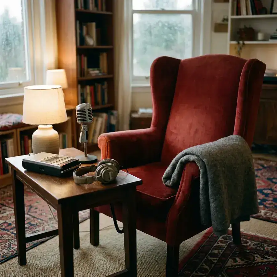 Een warme kamer met een rode fauteuil, een microfoon op statief en een cassetterecorder