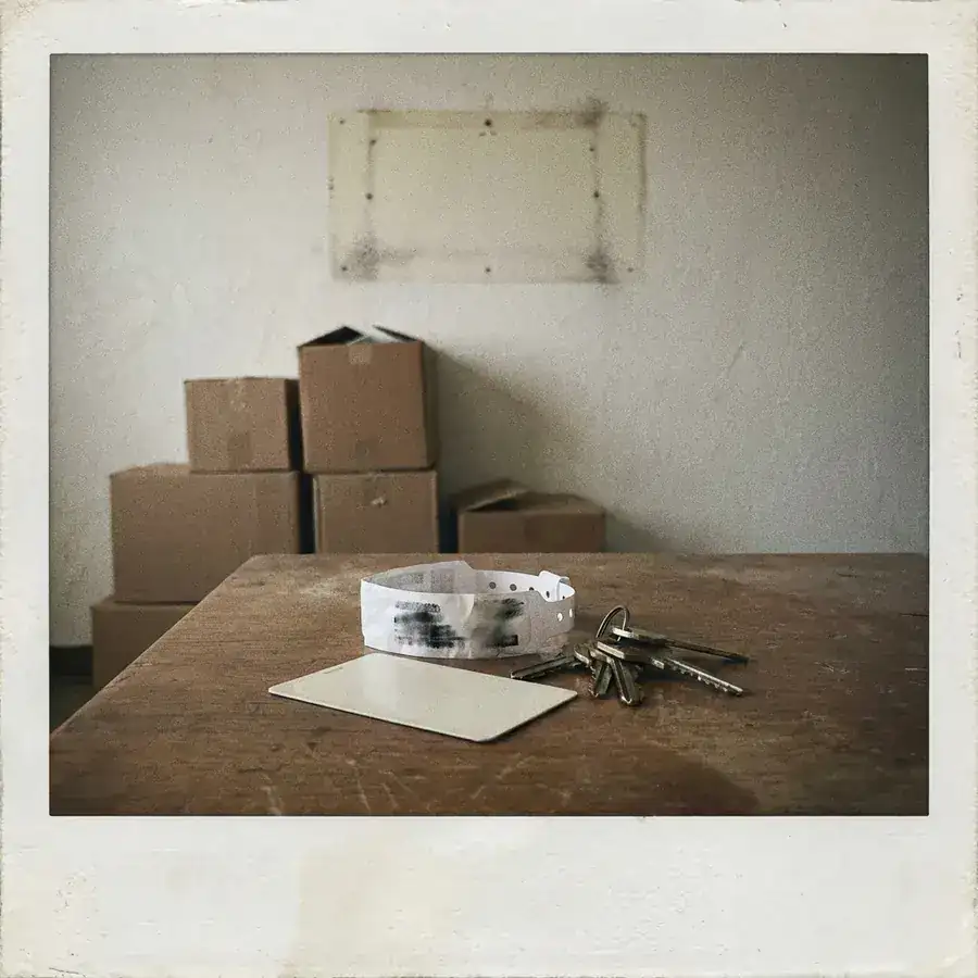 Een tafel met een pasje en sleutels in een leeggehaald appartement, verhuisdozen op de achtergrond
