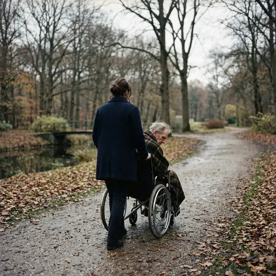 Een vrouw duwt een oude man in een rolstoel over een bospad in de herfst